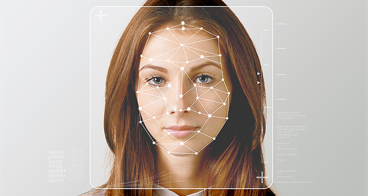 A woman's face is being mapped biometrically with dots.