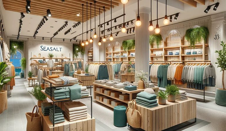 Interior of Seasalt's modern and sustainable fashion store, showcasing eco-friendly design and clothing collections to support US store openings article