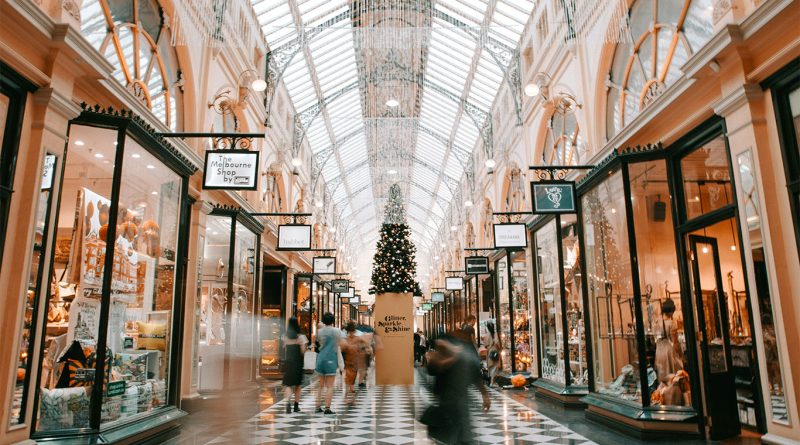 Image of a brightly lit shopping mall with holiday decorations to support inventory management article