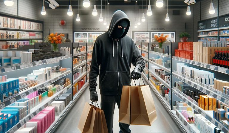 A masked figure discreetly placing items into a bag in an upscale retail store, with security cameras in the background, highlighting the covert nature of organized retail crime.