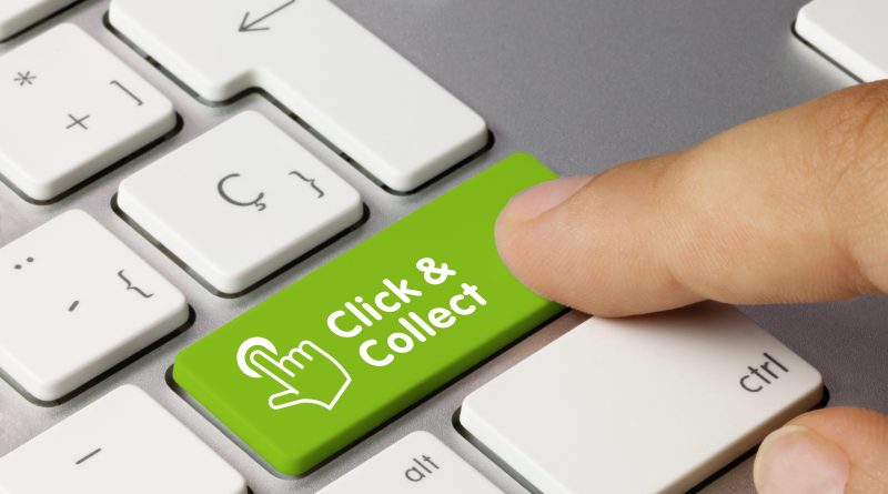 Close-up image of a computer keyboard with someone pressing a green button with 'click and collect' written on it to support primark online shopping article