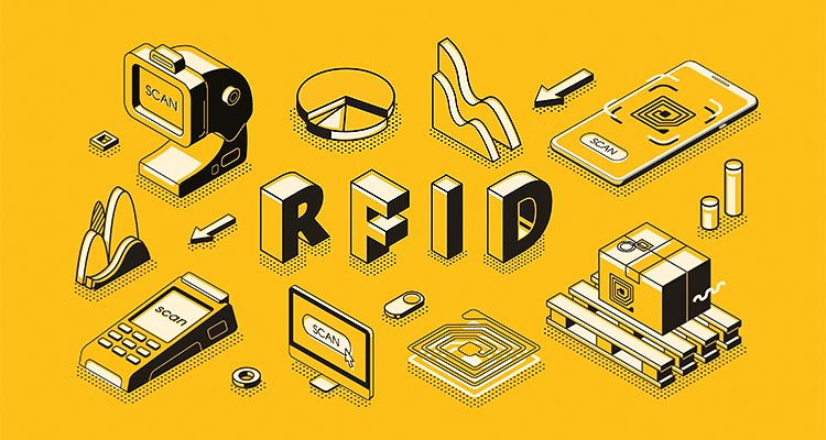 Vector radio frequency identification technology isometric vector concept with rfid reader or scanner