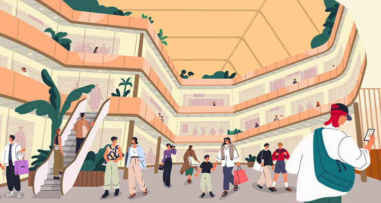 Shopping mall interior scene with people walking, spending time in retail stores