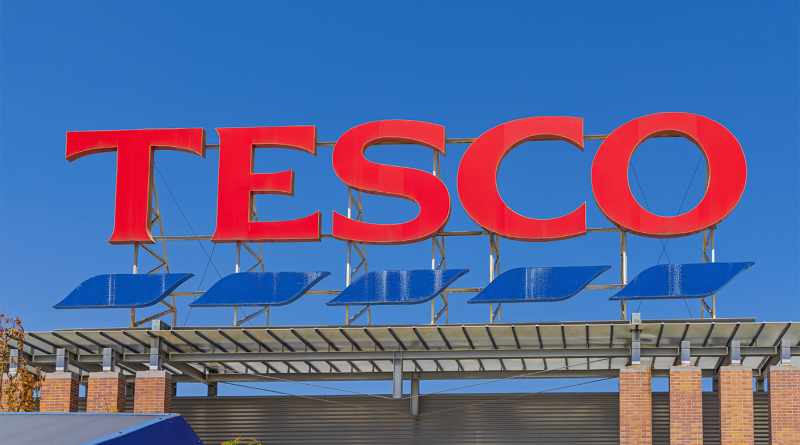 Red and blue Tesco logo on store to support F&F Homeware article