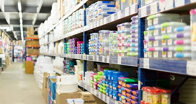 Housewares on shelving in wholesaler