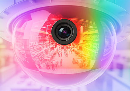 modern white security camera with hologram details pastel background
