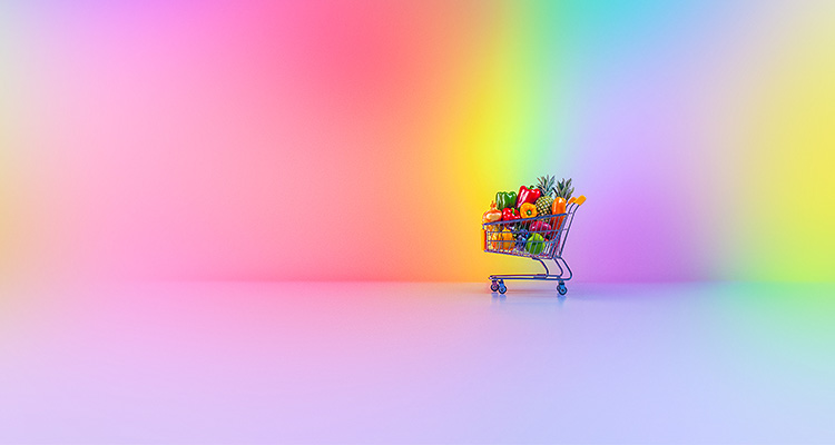 Tiny shopping cart filled with groceries, fruits and vegetables on gradient background