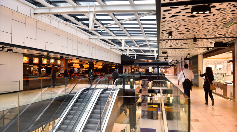 A modern retail mall showcasing a food court, escalators, and shoppers, reflecting trends such as experiential retail, mixed-use spaces, and the future of retail malls in 2025.