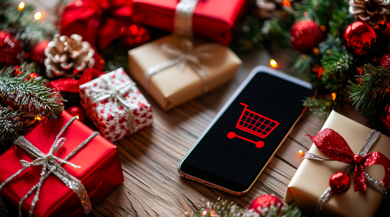 Christmas presents in piles surrounding mobile phone with basket icon on screen to support holiday retail sales article