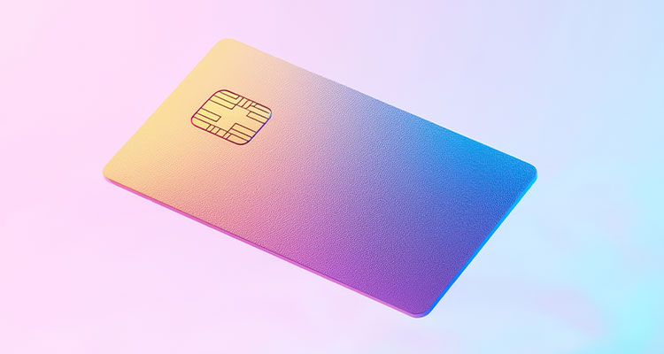 A credit card with a gradient design in soft pastel colors, placed on a vibrant background, symbolizing modern finance