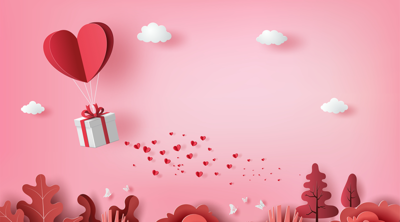 Valentine's Day gifts being carried by heart-shaped balloons