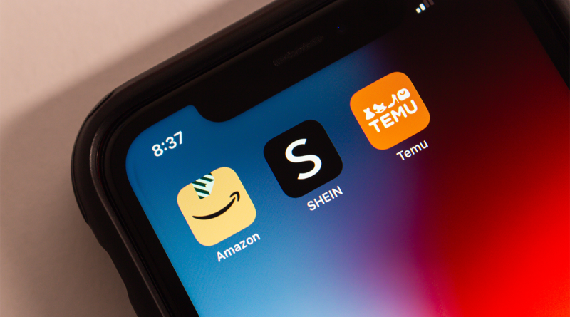 Amazon, Shein and Temu mobile apps on phone screen to support import loophole article