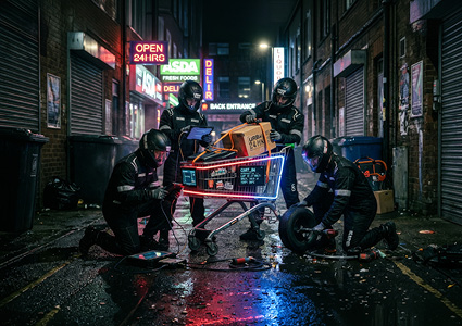 individuals in futuristic tactical gear working on a neon-lit shopping cart in a narrow alleyway.