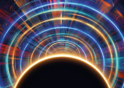 an abstract digital artwork depicting a cosmic light vortex or tunnel