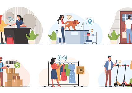 Illustratration of various applications of Radio Frequency Identification (RFID) technology in retail, logistics, and daily life
