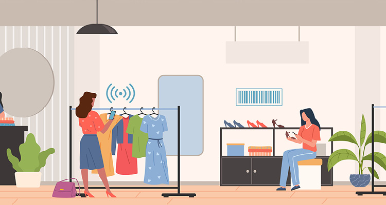 illustration depicting modern retail technology in a clothing store