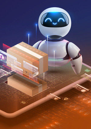 a 3D illustration depicting a friendly AI robot managing e-commerce parcel delivery and tracking on a futuristic smartphone.