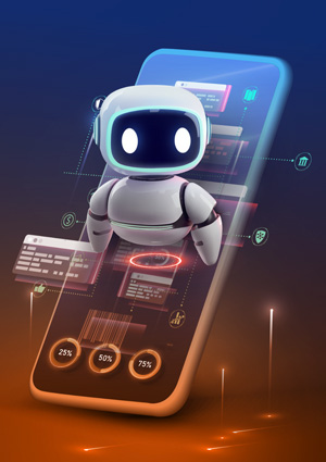 a 3D robot character emerging from a smartphone screen