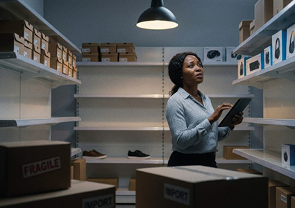 a warehouse worker checking inventory in a stockroom.