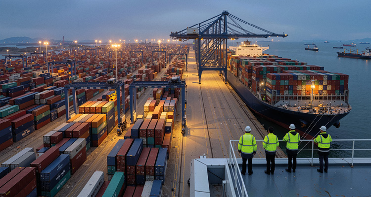 A massive container ship is docked at the quay, being serviced by towering blue gantry cranes used for loading and unloading cargo.