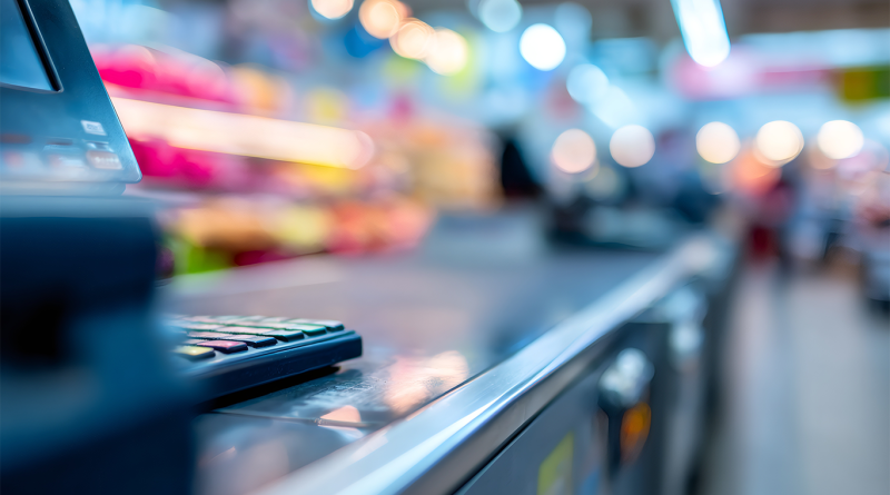 Checkout counter in a modern retail store with payment terminal and blurred supermarket background