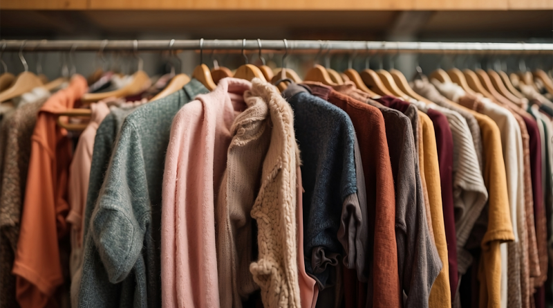 Rack of secondhand clothing featuring sweaters, knitwear and jackets displayed on wooden hangers in a thrift store, highlighting sustainable and affordable fashion choices.