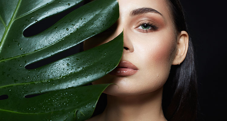 a person positioned behind a large, wet tropical leaf.