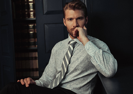 a model from the Spring/Summer 2026 campaign for the luxury British shirtmaker, Thomas Pink