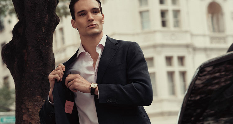 a model wearing a Thomas Pink shirt as part of a luxury menswear campaign