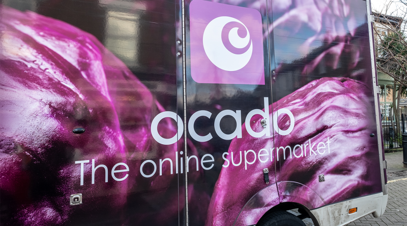 Ocado delivery van displaying the company's branding, highlighting its online grocery business as the retailer expands its warehouse automation technology in North America.