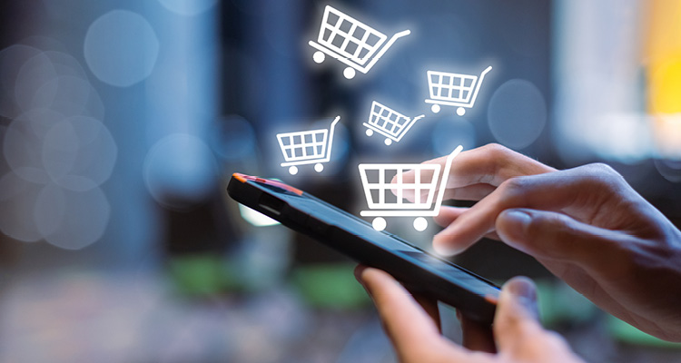 a conceptual image representing e-commerce, mobile commerce (m-commerce), and online shopping