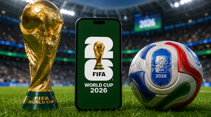 FIFA World Cup trophy, official 2026 match ball and smartphone displaying the FIFA World Cup 2026 logo on the pitch inside a floodlit stadium, illustrating the growing influence of digital engagement and brand marketing during the tournament.