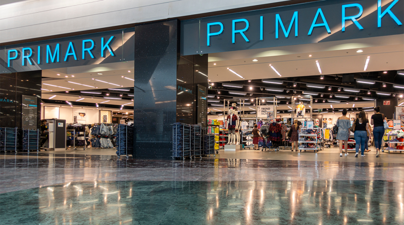 Entrance to the Primark store in shopping centre and Primark logo sign
