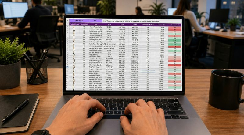 Retail professional reviewing inventory and marketplace data on a laptop in an office.