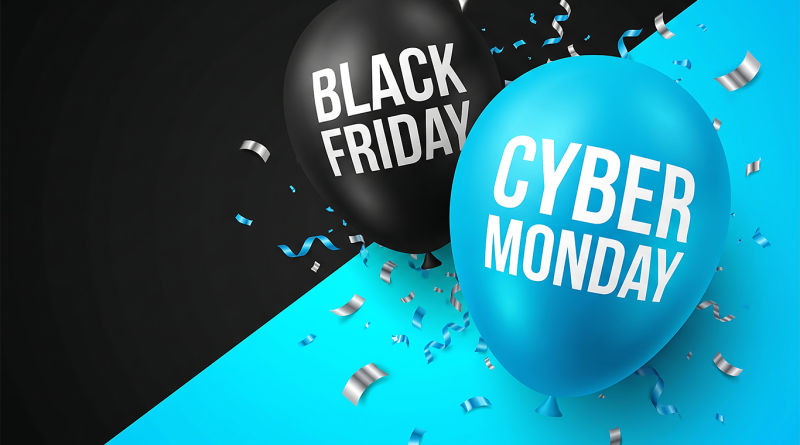 Black Friday and Cyber Monday balloons against a bold black and blue background, surrounded by silver and blue confetti, representing major retail shopping events and seasonal promotions.