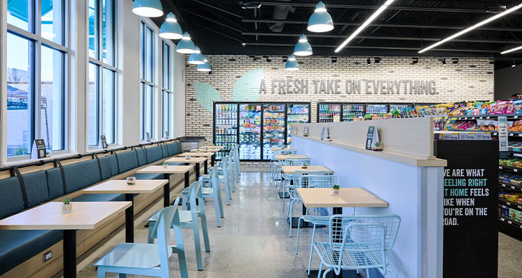 the interior dining and convenience area of an Alltown Fresh location