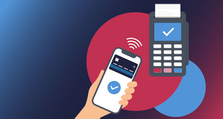 an illustration of a contactless mobile payment, with a hand holding a smartphone making a tap-to-pay transaction on a card reader/POS terminal