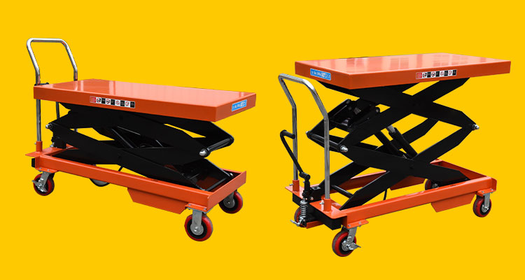 a double-scissor hydraulic lift table with an orange platform and black double-scissor mechanism