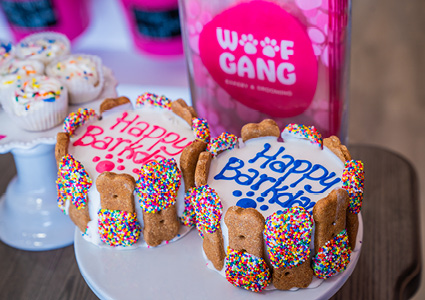 "Happy Barkday" decorated dog birthday cakes and treats from Woof Gang Bakery & Grooming